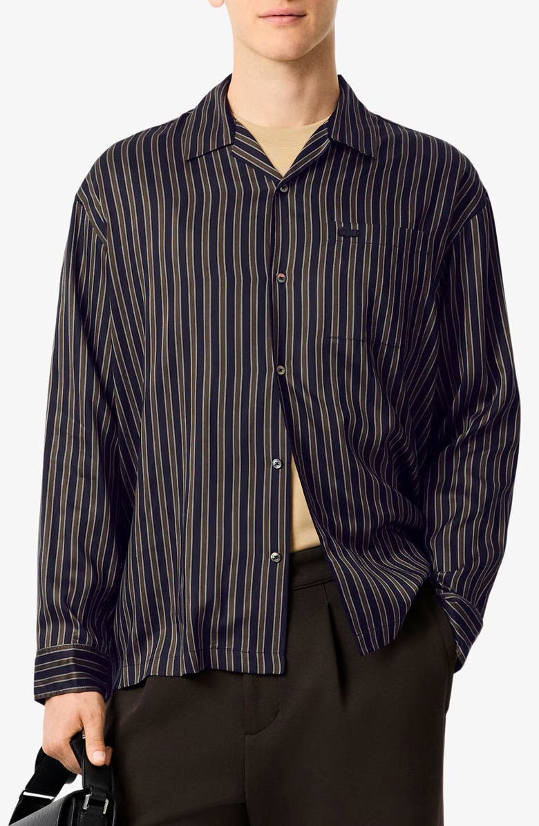 Lacoste Stripe Relaxed Fit Button-Up Shirt, Main, color, Navy Blue/ Green