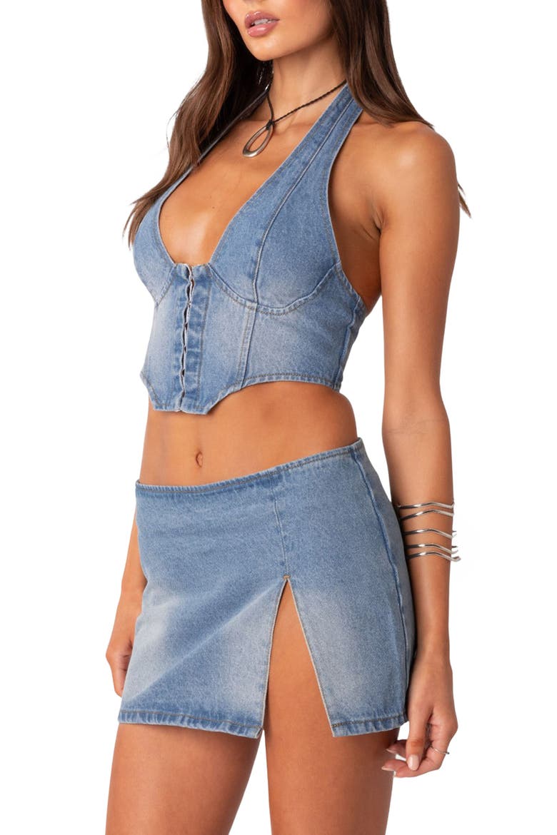 Katrina Lace-Up Denim Corset Halter Top, Alternate, color, BLUE