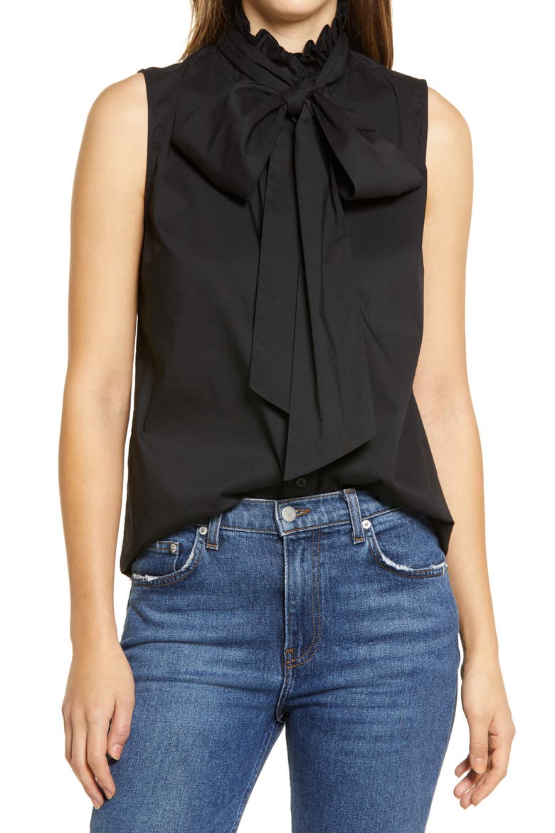Sleeveless Tie Neck Blouse, Main, color, BLACK