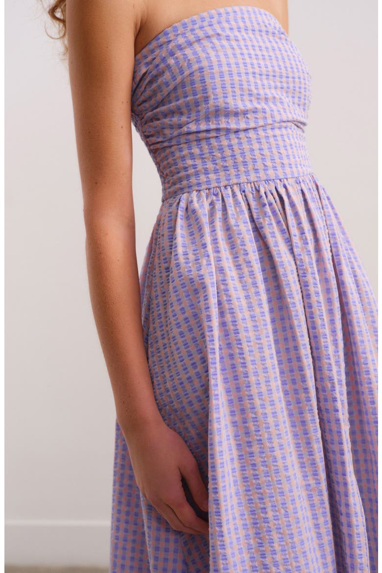 Strapless Gingham Seersucker Midi Dress, Alternate, color, PURPLE