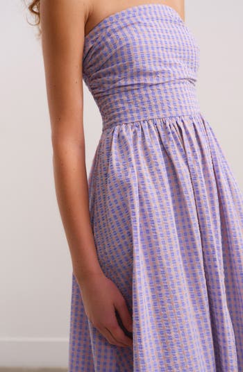 Strapless Gingham Seersucker Midi Dress