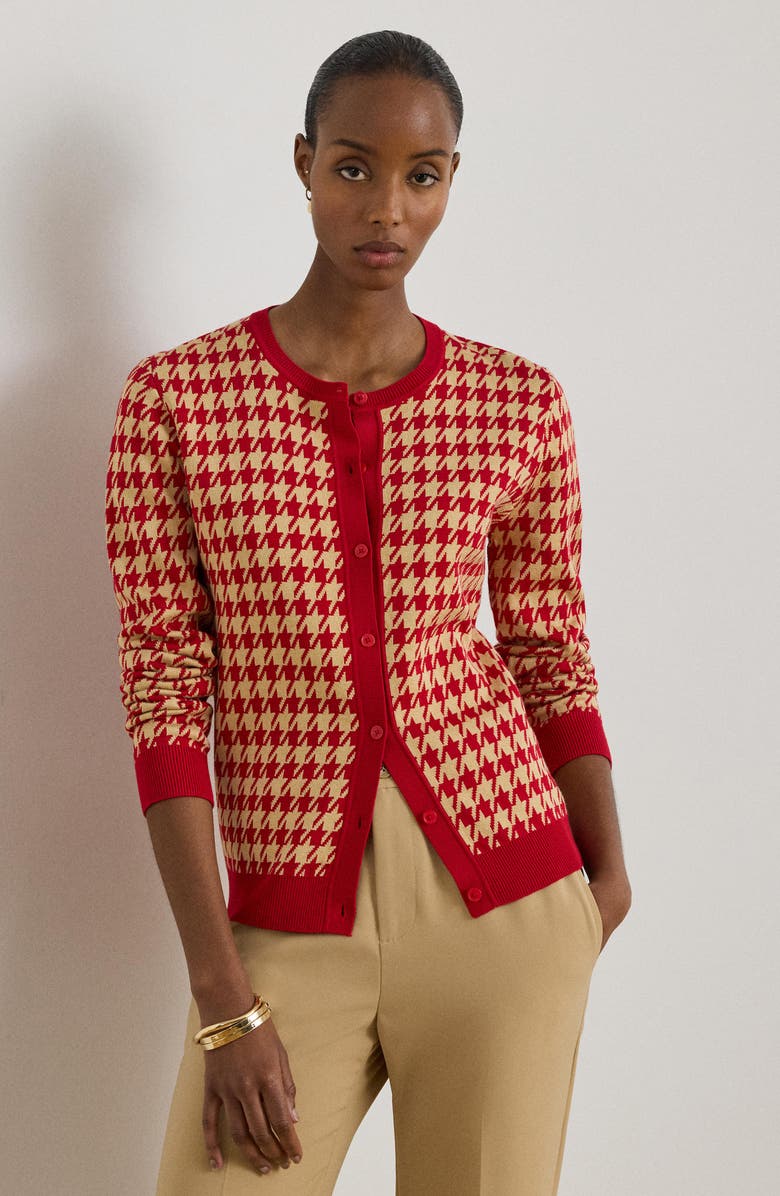Lauren Ralph Lauren Houndstooth Cotton Blend Cardigan, Alternate, color, Red/ Tan