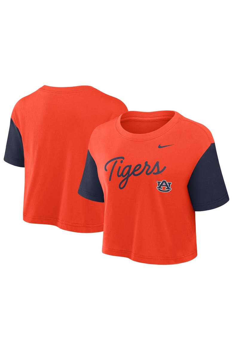 Women's Nike Orange/Navy Auburn Tigers Color-Block Script Cropped T-Shirt, Alternate, color, Orange