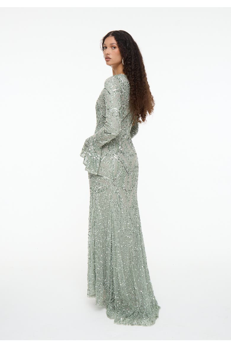 Modest Embellished Sequin Beaded Dress Maxi With Ribbon on Sleeves, Alternate, color, SAGE GREEN