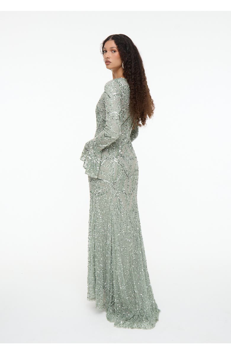 MARYISA Modest Embellished Sequin Beaded Dress Maxi With Ribbon on Sleeves, Alternate, color, Sage Green