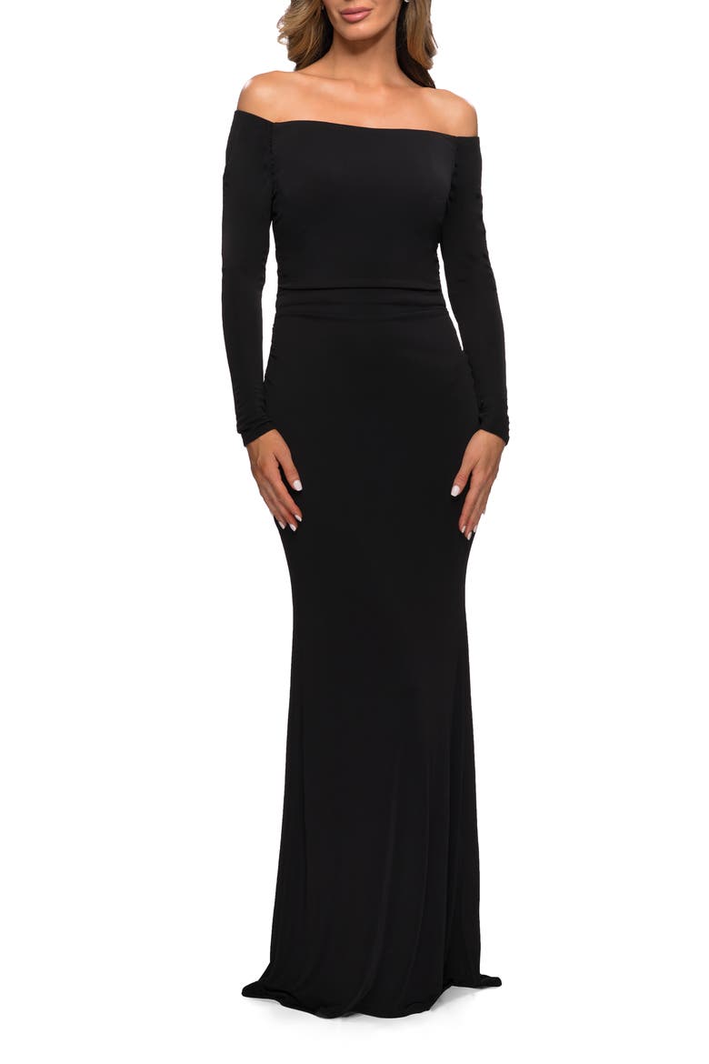 Long Sleeve Off The Shoulder Jersey Evening Gown, Main, color, Black