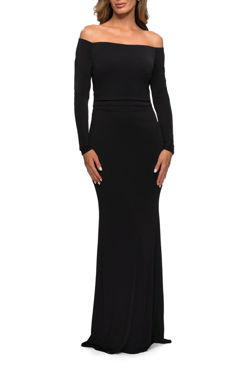La Femme Long Sleeve Off The Shoulder Jersey Evening Gown, Main, color, Black
