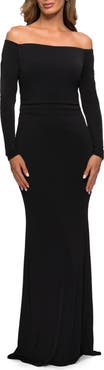 La Femme Long Sleeve Off The Shoulder Jersey Evening Gown