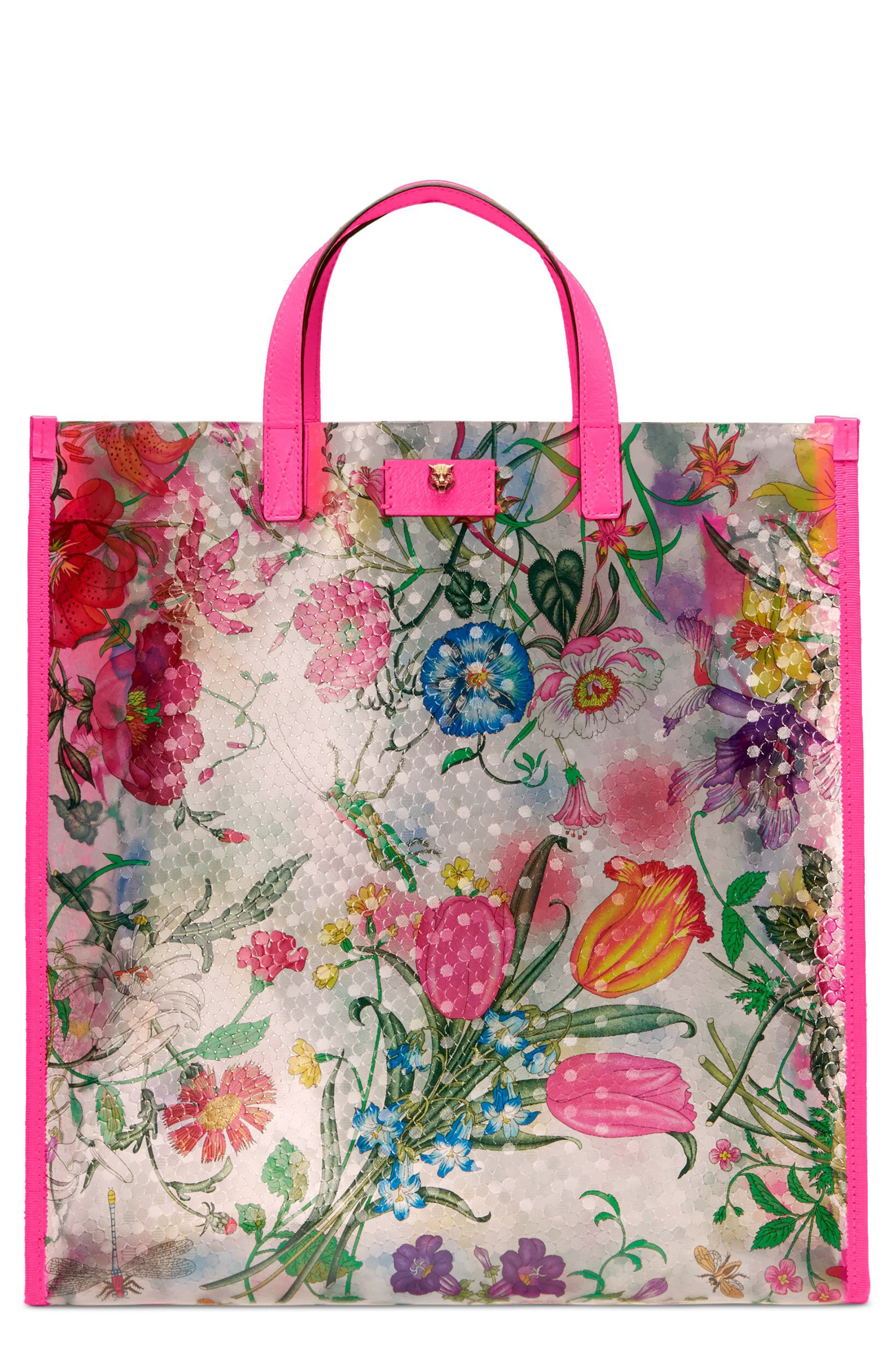 Gucci Flora Print Textured Vinyl Tote, Main, color, 