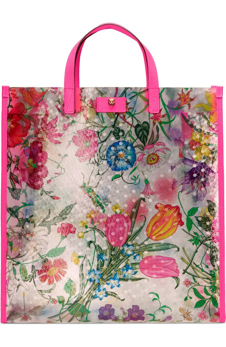 Gucci Flora Print Textured Vinyl Tote, Main, color,
