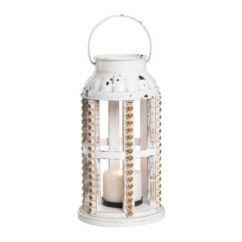 White Rustic Hobnail Decorative Lantern Wooden Candle Holder