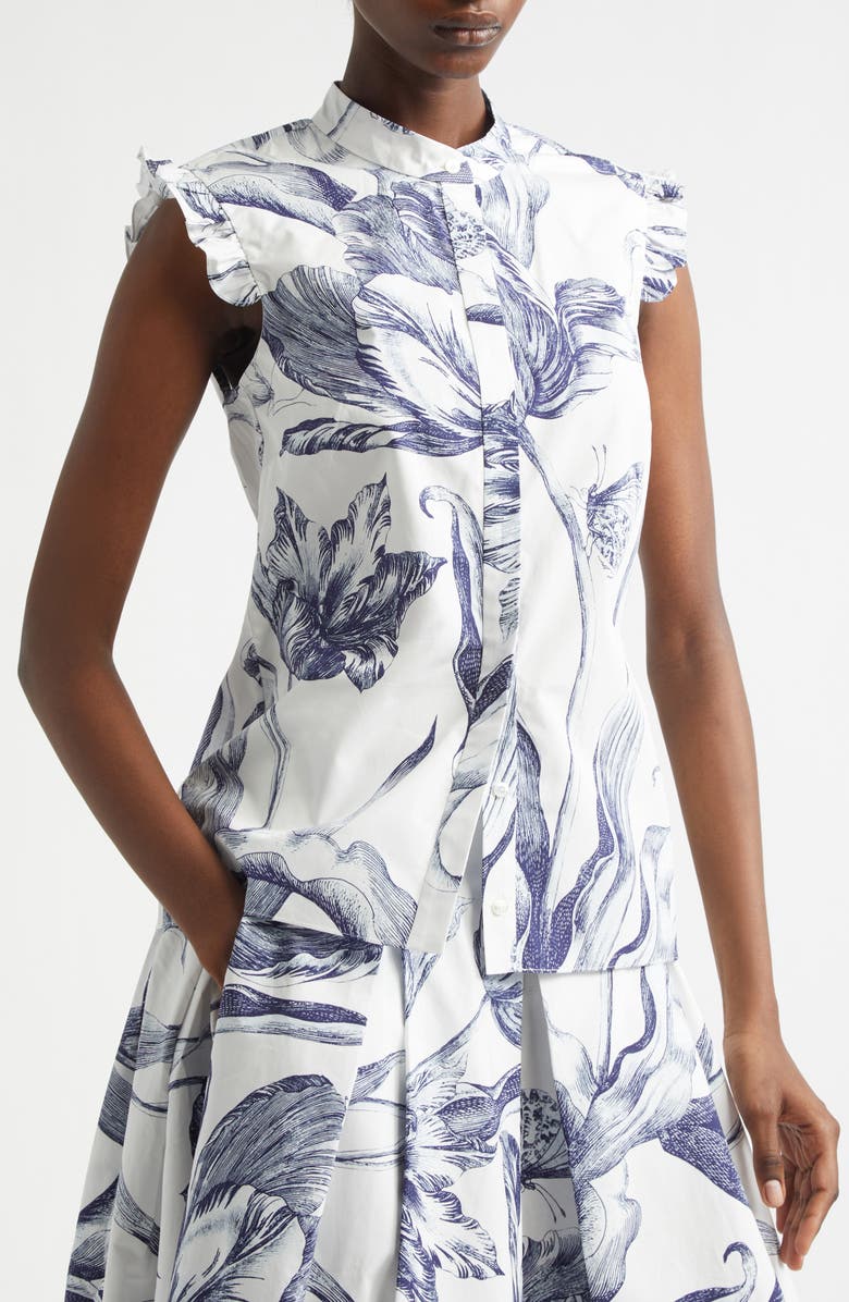 Erdem Print Sleeveless Cotton Shirt, Alternate, color, Botanical Engraving Ivory