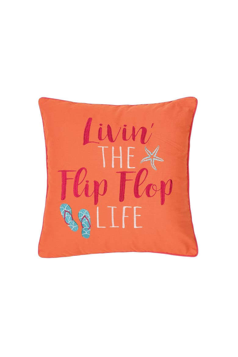 Orange "Flip Flop Life" Beach Embroidered Cotton Blend Accent Throw Pillow 18" x 18", Main, color, Orange