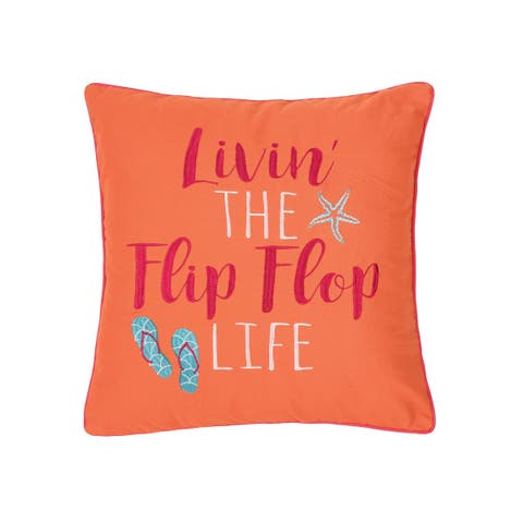 Orange "Flip Flop Life" Beach Embroidered Cotton Blend Accent Throw Pillow 18" x 18"