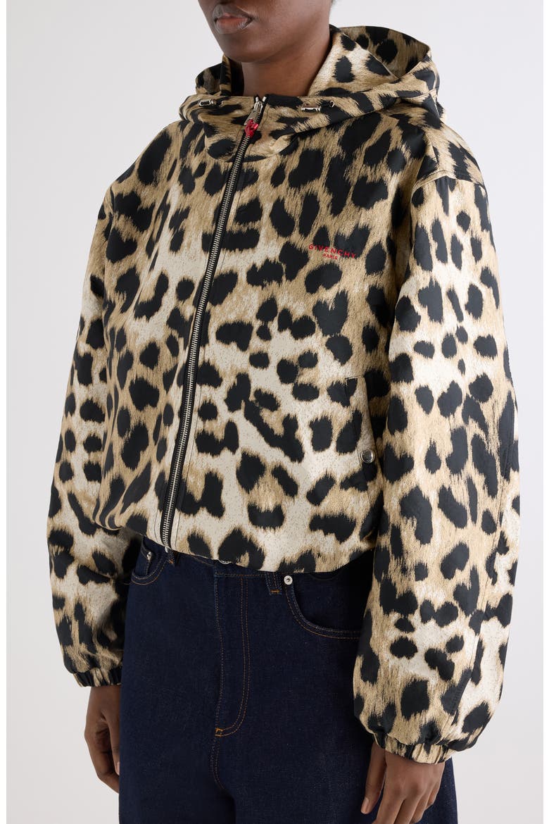 Water Repellent Leopard Jacquard Hooded Windbreaker, Alternate, color, BEIGE