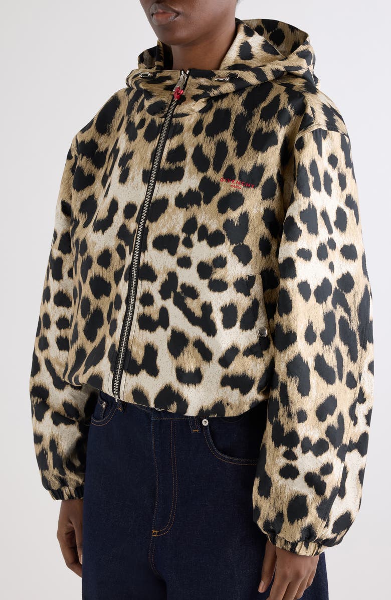 Givenchy Water Repellent Leopard Jacquard Hooded Windbreaker, Alternate, color, Beige