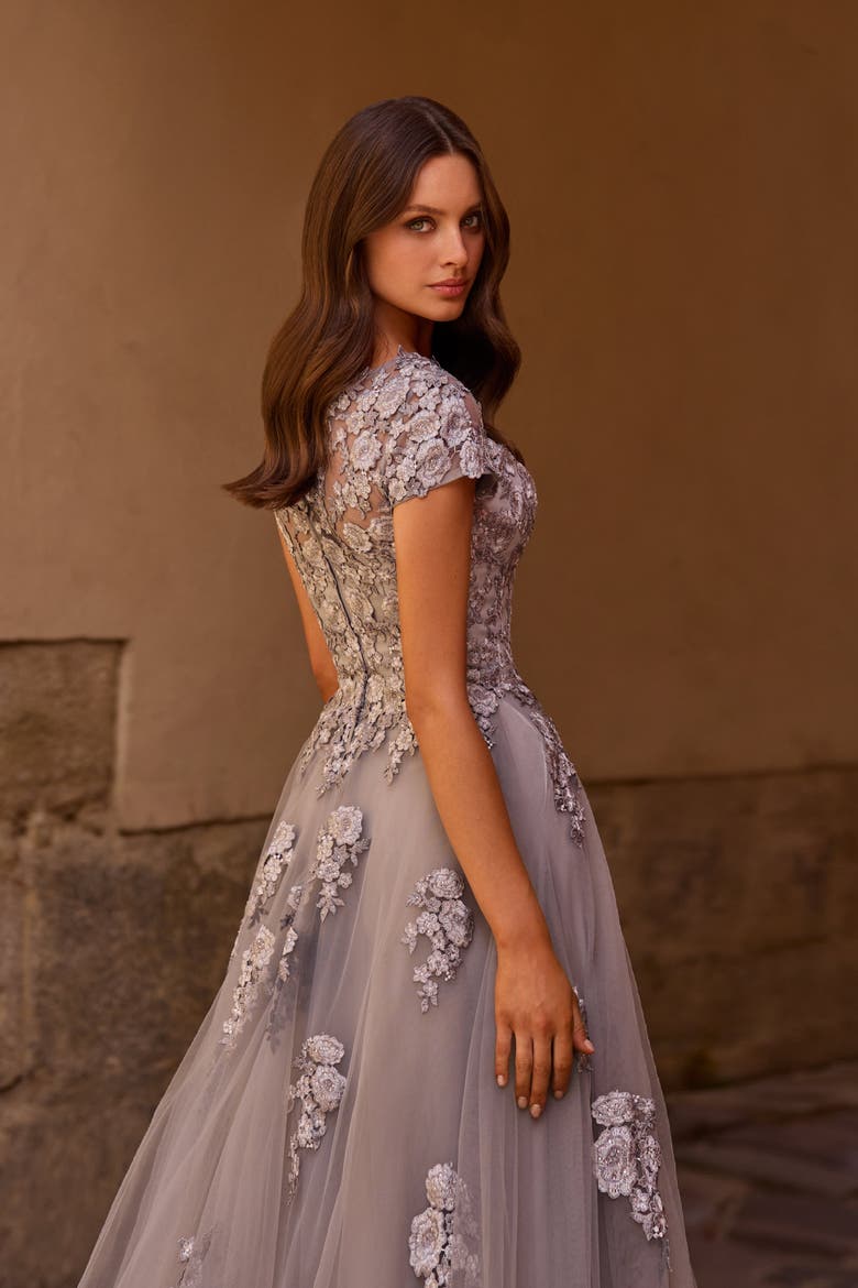 Long Tulle Gown with Intricate Lace Detailing, Alternate, color, Silver