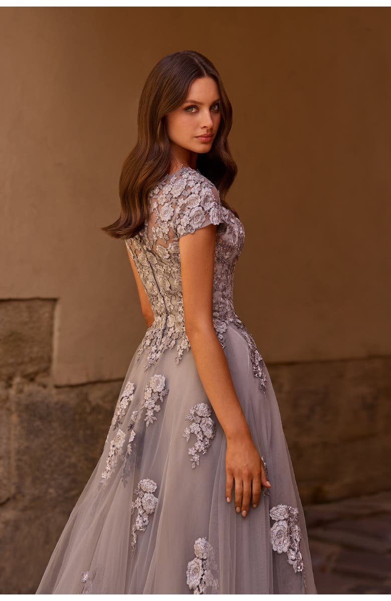 La Femme Long Tulle Gown with Intricate Lace Detailing, Alternate, color, Silver