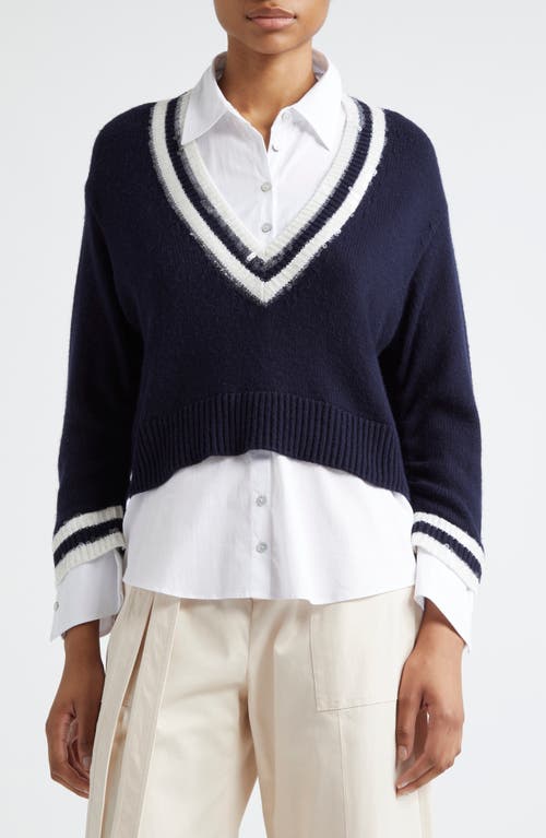 Cinq À Sept Santina Sequin Detail Layered Sweater In Navy/white
