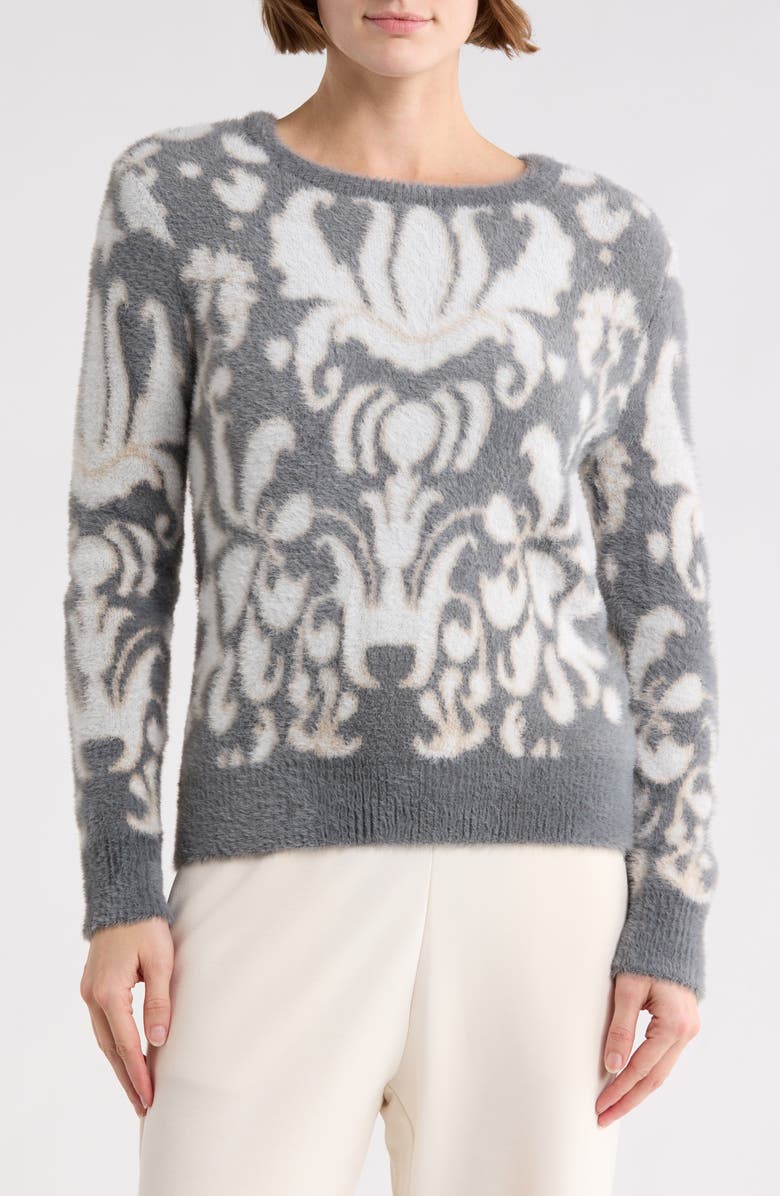 T Tahari Bateau Neck Jacquard Sweater, Main, color, Grey/ Ivory Medallion