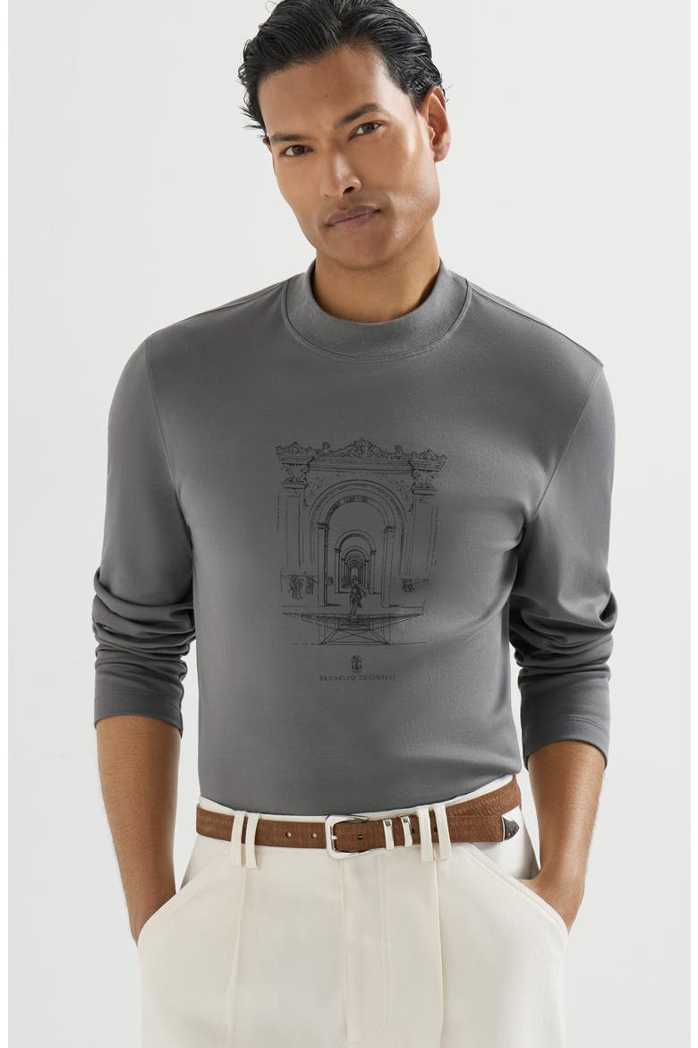 Cotton interlock long sleeve T-shirt with mock neck and print, Alternate, color, Medium Grey