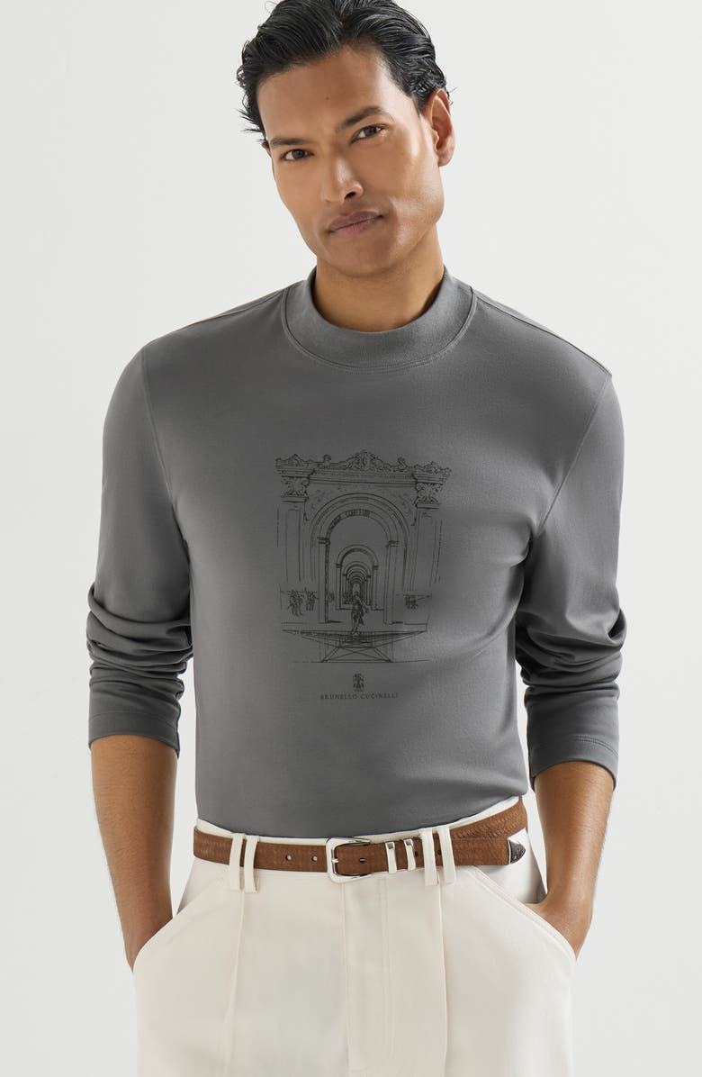Brunello Cucinelli Cotton interlock T-shirt with print, Alternate, color, Medium Grey