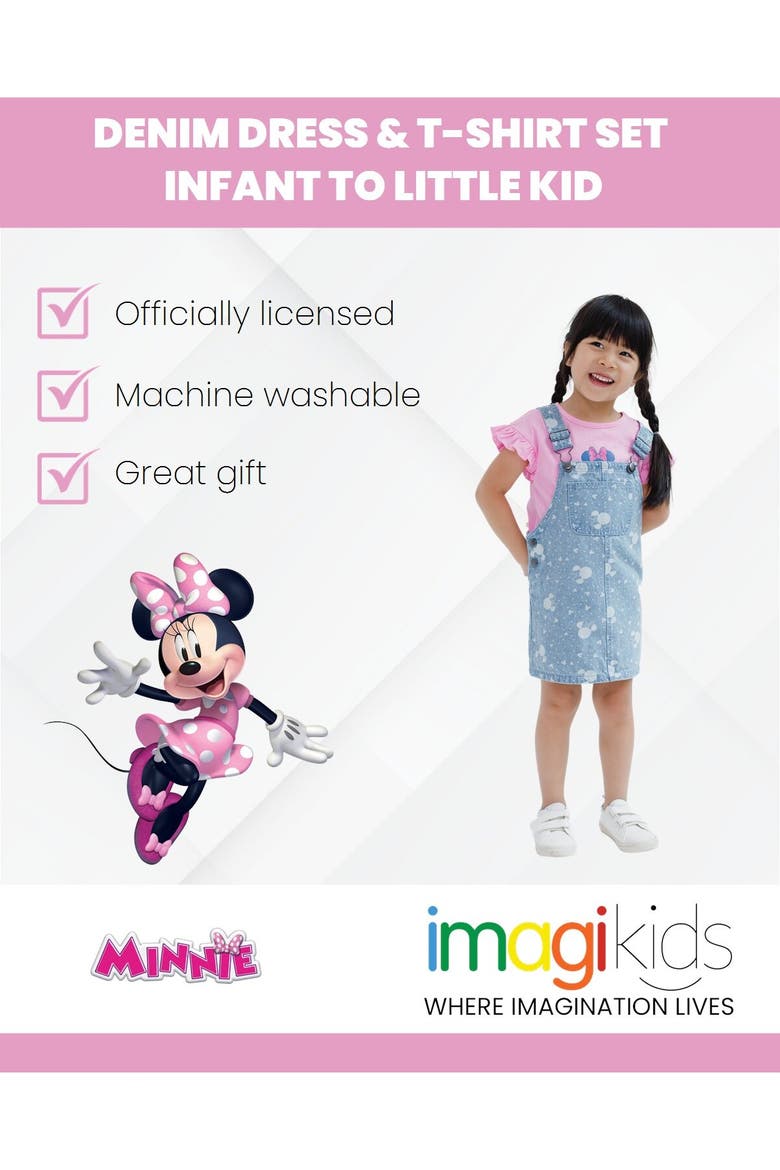 Minnie Mouse Denim 2-Piece Overall Dress and T-Shirt Set, Alternate, color, Minnie Pink Blue