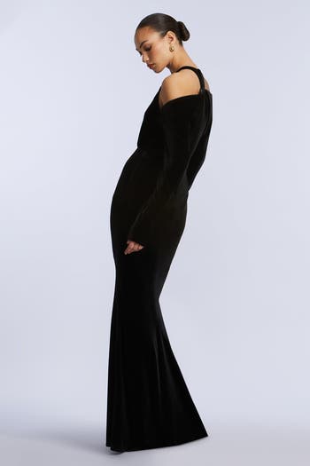 Long Sleeve Halter Velvet Gown