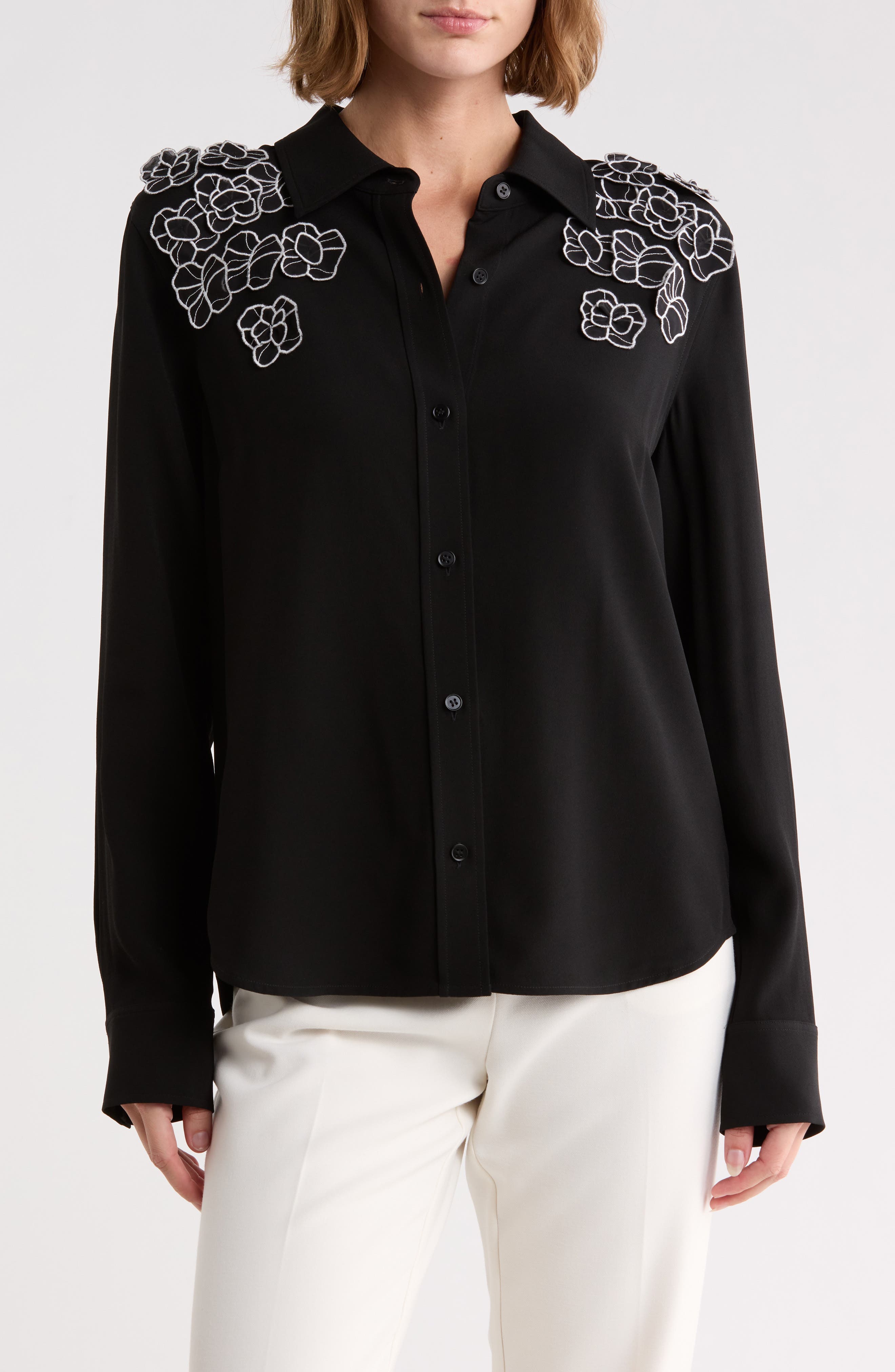 Mia Floral Appliqué Long Sleeve Crepe Button-Up Shirt