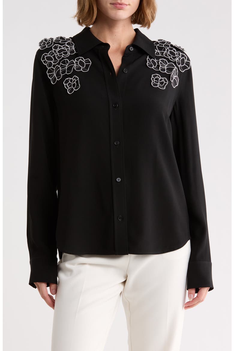 Mia Floral Appliqué Long Sleeve Crepe Button-Up Shirt, Main, color, BLACK