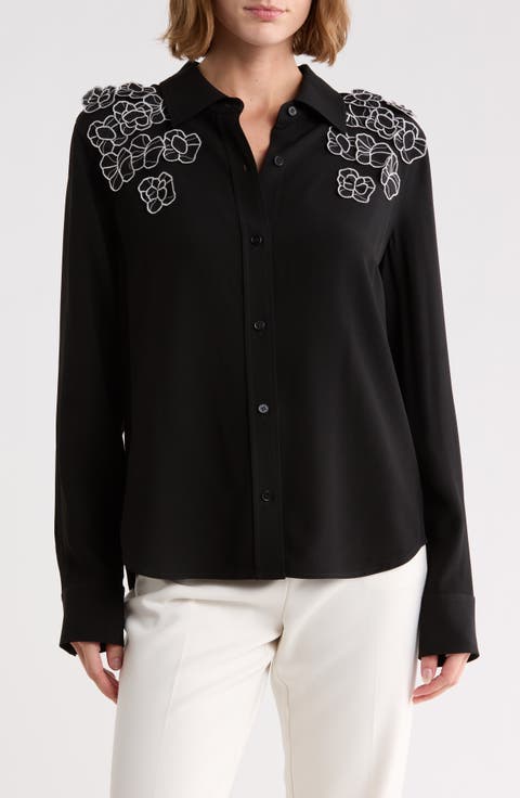 Mia Floral Appliqué Long Sleeve Crepe Button-Up Shirt