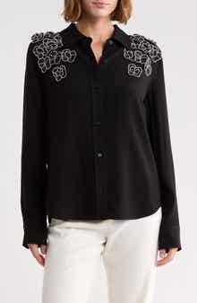 Mia Floral Appliqué Long Sleeve Crepe Button-Up Shirt