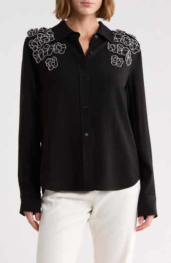 Mia Floral Appliqué Long Sleeve Crepe Button-Up Shirt