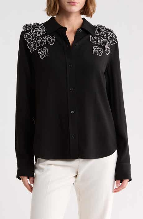Mia Floral Appliqué Long Sleeve Crepe Button-Up Shirt