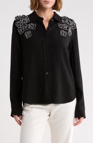 Rebecca Taylor Mia Floral Appliqué Long Sleeve Crepe Button-Up Shirt