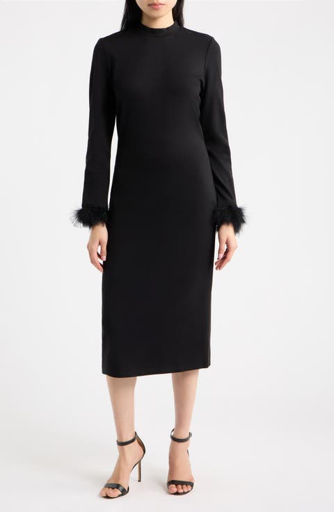 Feather Trim Long Sleeve Cocktail Sheath Dress