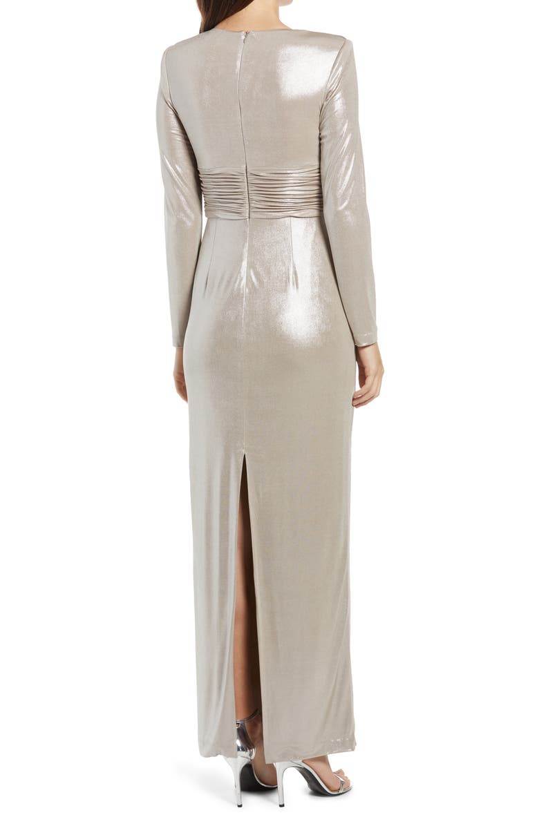 Vince Camuto Long Sleeve Metallic Wrap Gown, Alternate, color, 