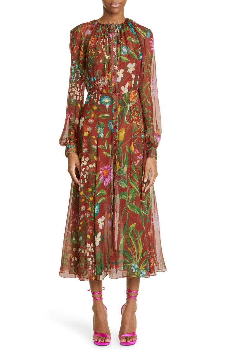 Oscar de la Renta Floral Tapestry Long Sleeve Silk Chiffon Dress, Main, color,