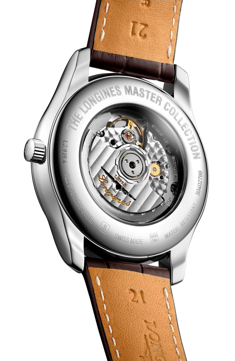 Longines Master Collection Moonphase Automatic Leather Strap Watch, 42mm, Alternate, color, White