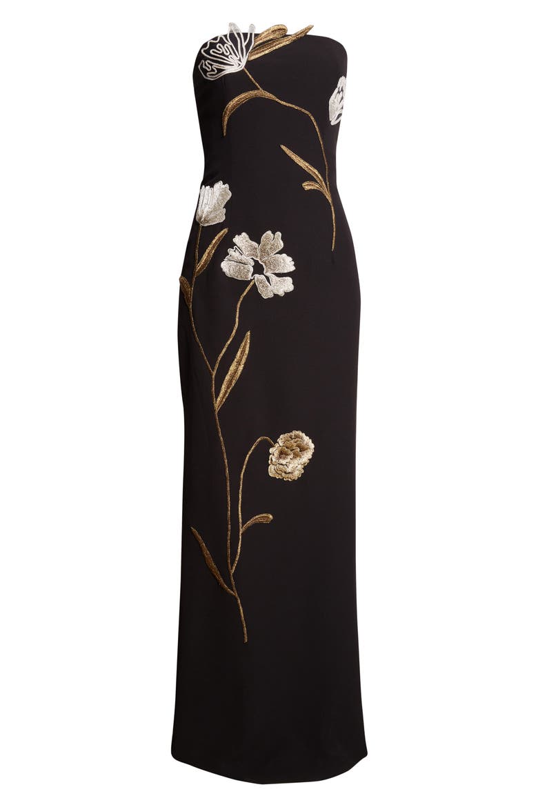 Floral Cord Embroidery Strapless Stretch Crepe Gown, Alternate, color, BLACK/ METALLIC