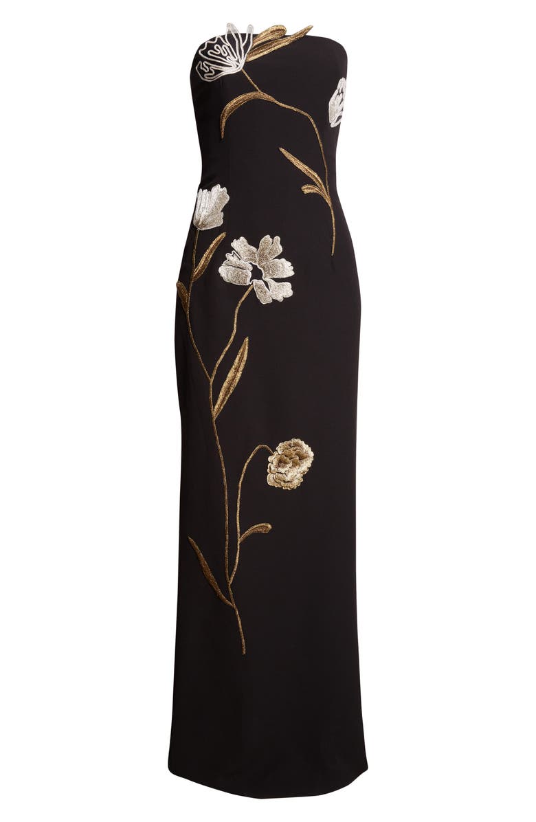 Lela Rose Floral Cord Embroidery Strapless Stretch Crepe Gown, Alternate, color, Black/ Metallic