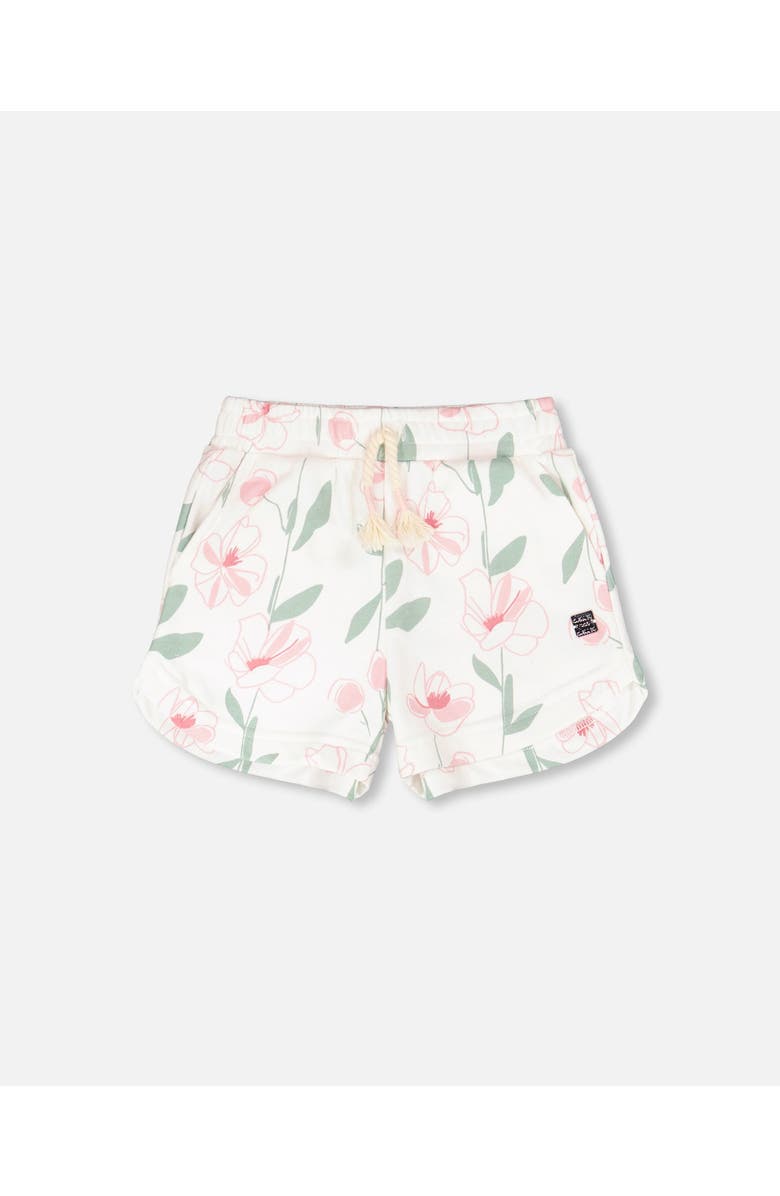 Deux par Deux French Terry Drawstring Waist Flowers Shorts, Main, color, Off White Printed Flowers