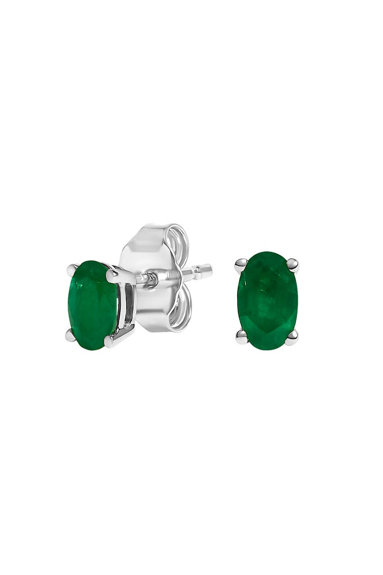 14K Gold Oval Cut Gemstone Birthstone 5x3 mm Stud Earrings, Alternate, color, White | Green Emerald