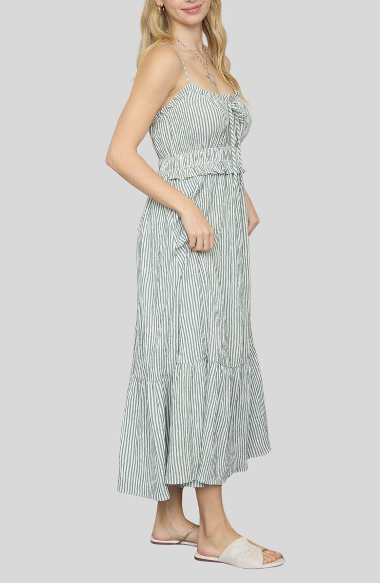 Blu Pepper Stripe Ruffle Shirred Seersucker Midi Dress, Alternate, color, Green