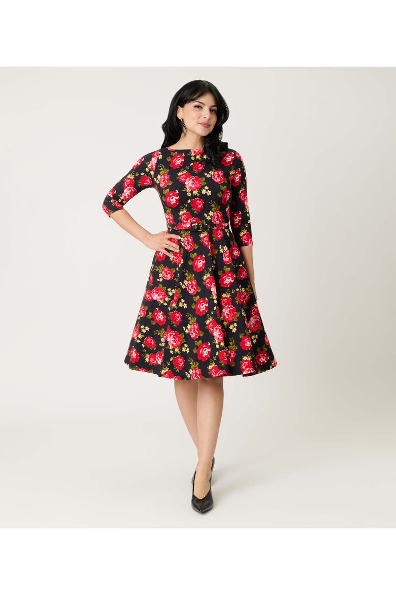Three Quarter Sleeve Belted Devon Swing Dress, Alternate, color, Black & Red Roses