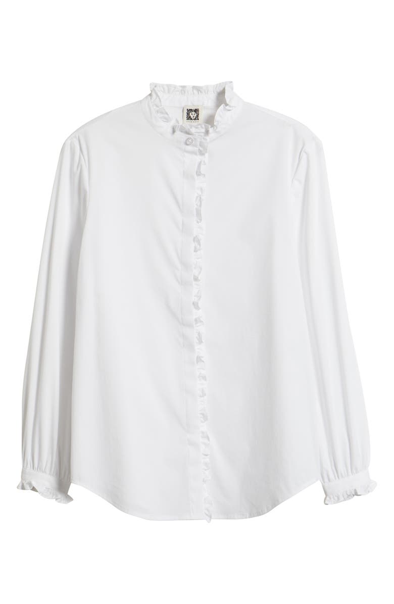Anne Klein LS BTTN FRT W RUFFLE NK PLKT C, Alternate, color, Crisp White