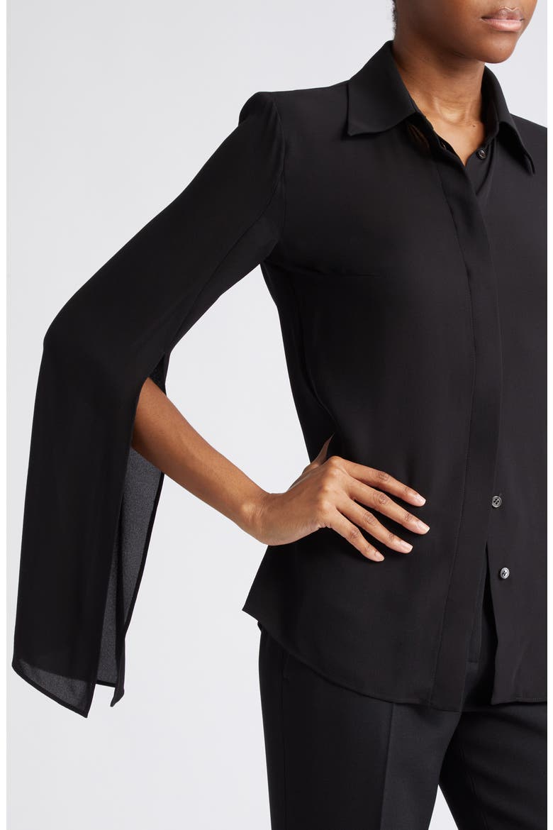 Split Sleeve Silk Georgette Button-Up Shirt, Alternate, color, BLACK