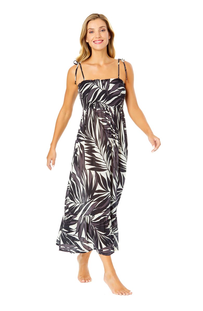 Anne Cole Women's Palm Chic Smocked Shoulder Tie Dress Cover Up, Main, color, Palm Chic