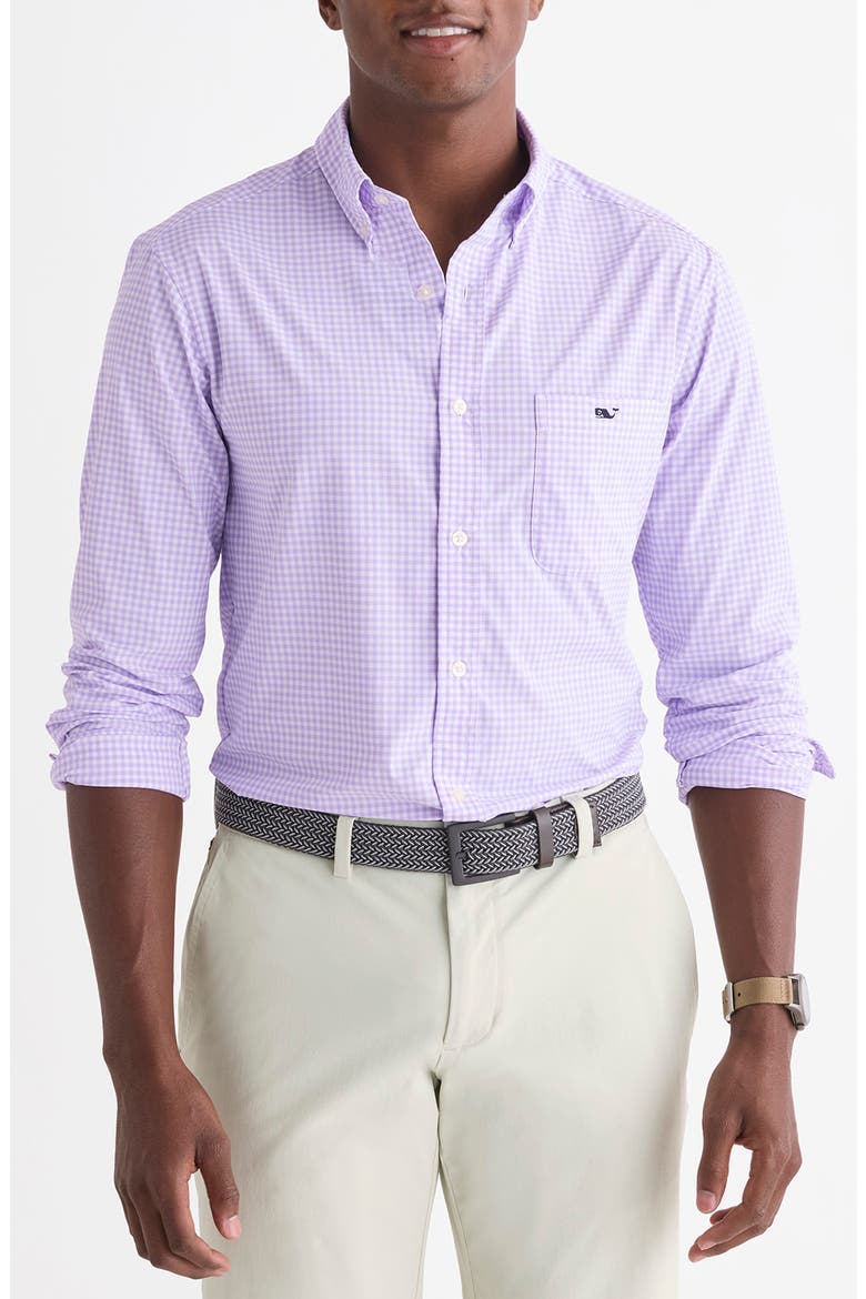 Gingham Performance Button-Down Shirt, Main, color, LAVENDER SKY