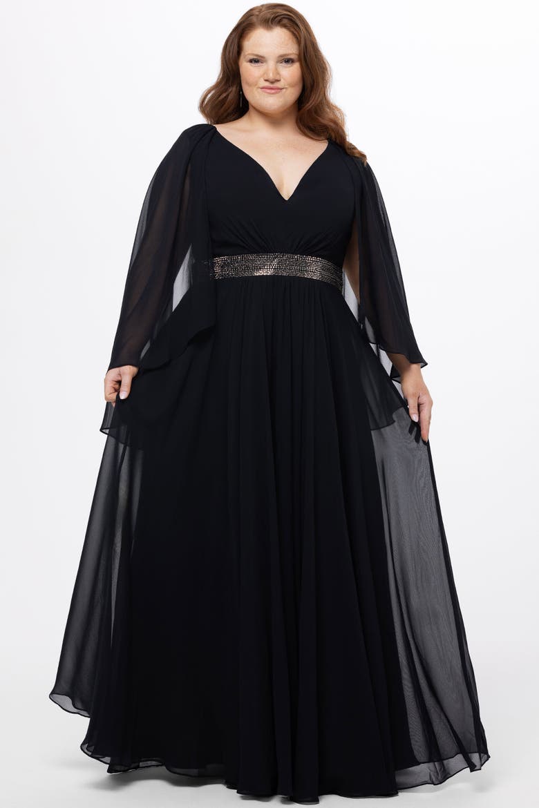 Long Cape Sleeve V-Neck Plus Size Dress, Alternate, color, Black